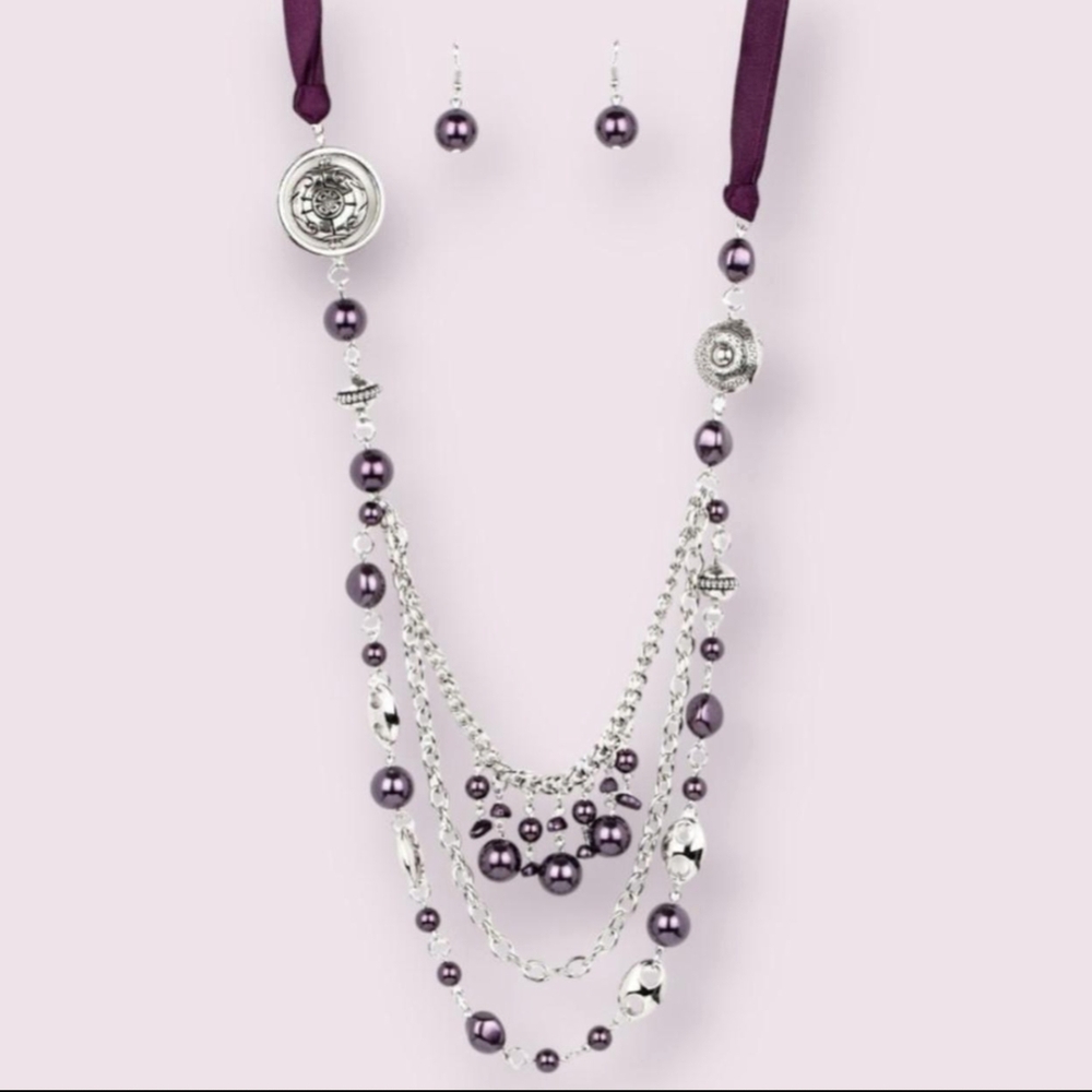 Vintage Paparazzi Purple and Silver Beaded Necklace Set